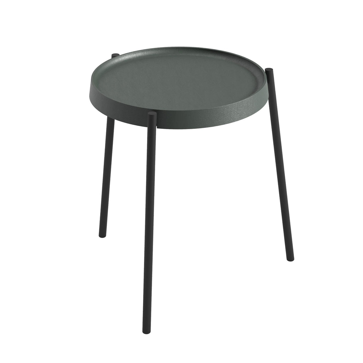 Cappellini Pinch by Nendo. A minimalist side table features a round textured gray top with three slender black legs.