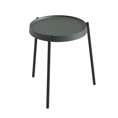 Cappellini Pinch by Nendo. A minimalist side table features a round textured gray top with three slender black legs.
