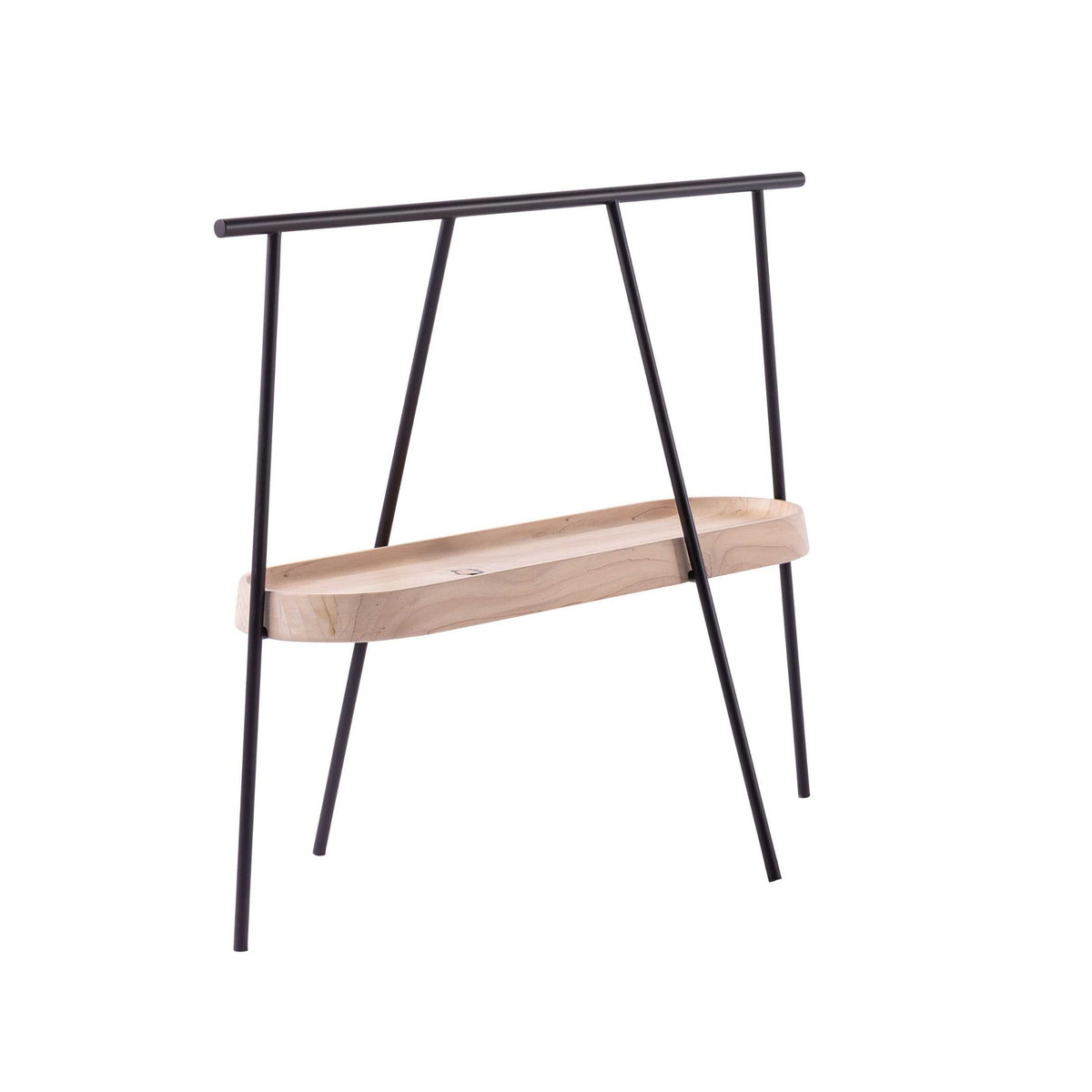 Cappellini Pinch by Nendo. A minimalist console table combines natural wood shelving with sleek black metal legs and frame.