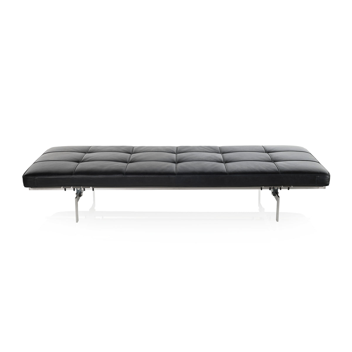 Fritz Hansen PK80™ Daybed by Poul Kjaerholm. Black leather bench with polished metal legs on white background.