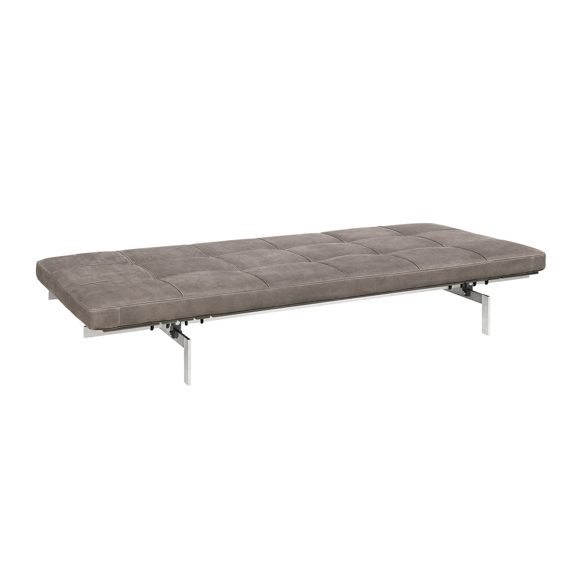 Fritz Hansen PK80™ Daybed by Poul Kjaerholm. A gray leather daybed with a quilted top rests on sleek metal legs.
