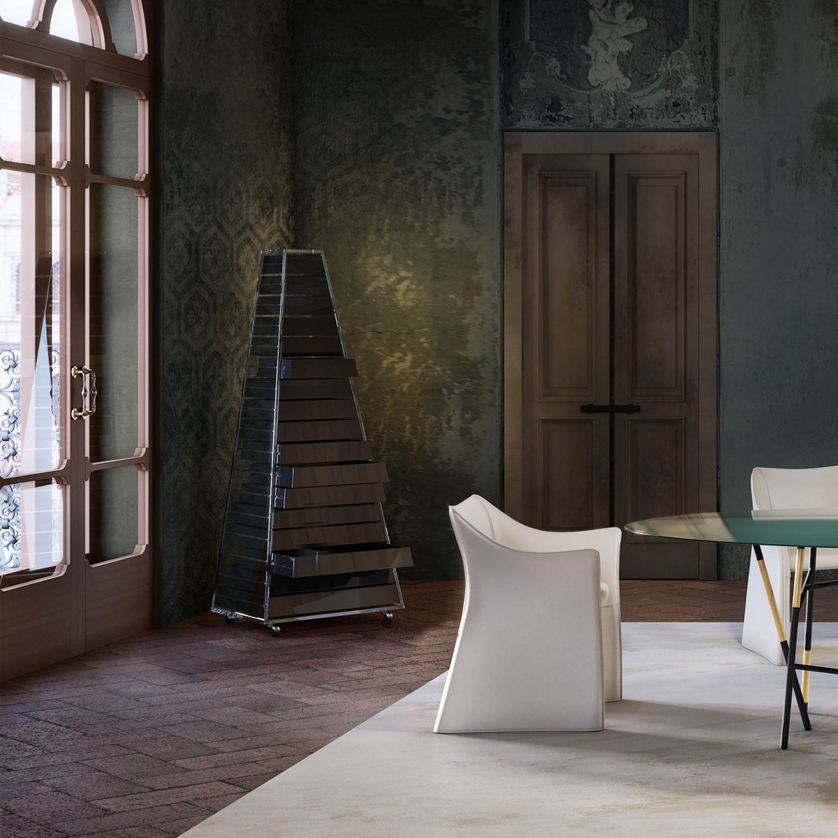 Cappellini Pyramid by Shiro Kuramata. Cream fabric chairs sit in a weathered room with ornate doors.