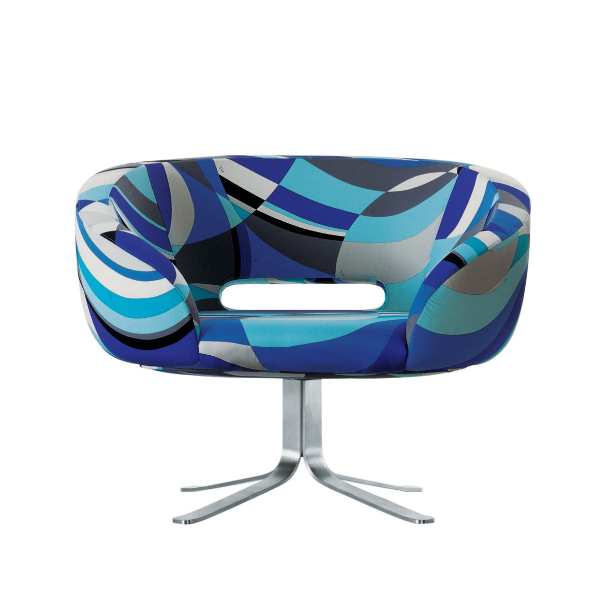 Cappellini Rive Droite by Patrick Norguet. A modern chair features a blue and cyan abstract pattern with a metal base.