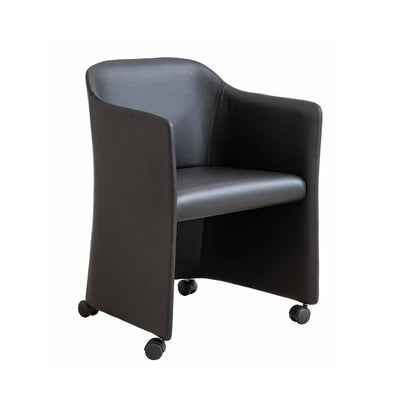 Cappellini San Siro by Jasper Morrison. Black leather chair with curved armrests and casters.