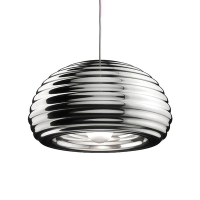 Flos Splügen Bräu by Achille Castiglioni. A sleek black and chrome pendant lamp with layered curved strips hangs elegantly.