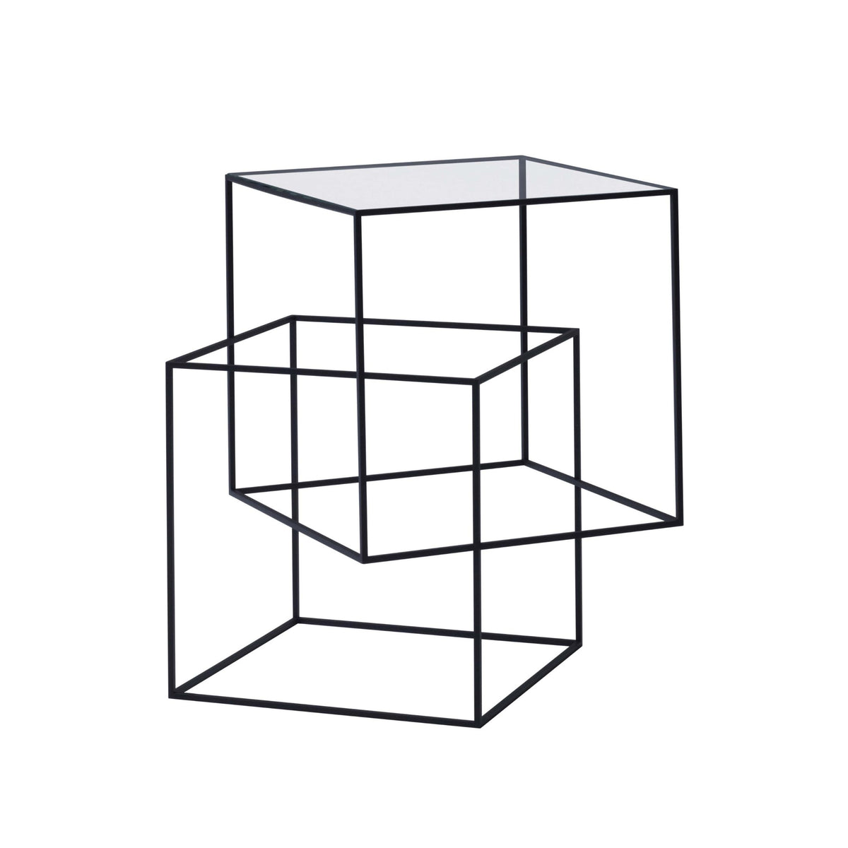 Cappellini Thin Black Table by Nendo. Black metal wireframe cubes nested within each other in an isometric view.