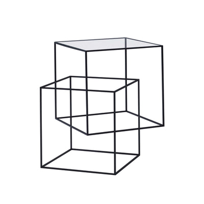 Cappellini Thin Black Table by Nendo. Black metal wireframe cubes nested within each other in an isometric view.