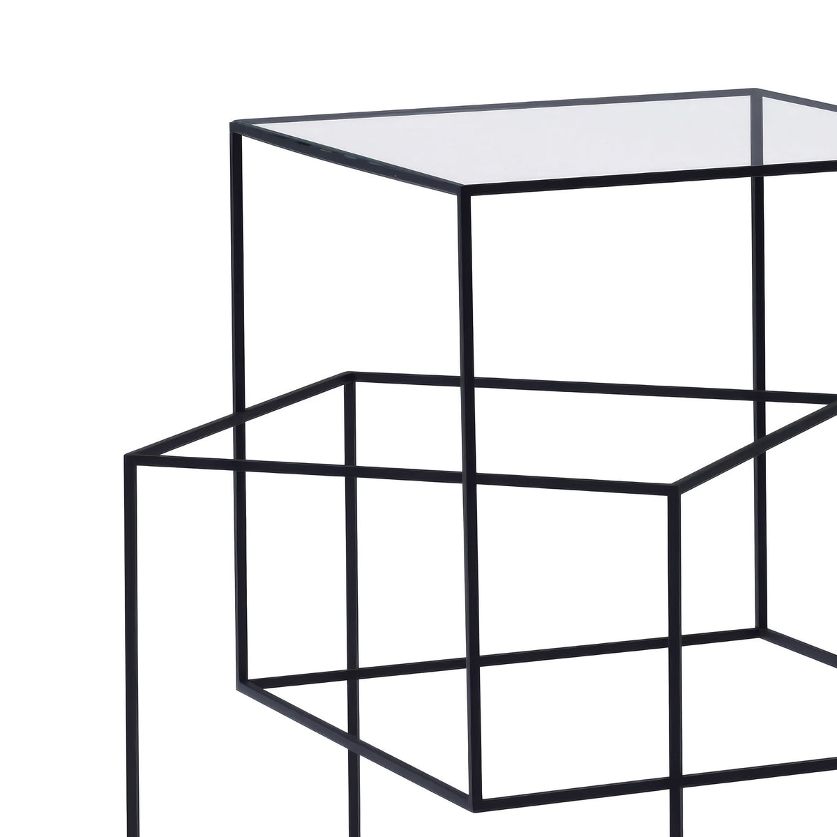Cappellini Thin Black Table by Nendo. A minimalist black metal frame structure with glass shelves in a clean, modern design.