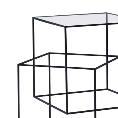 Cappellini Thin Black Table by Nendo. A minimalist black metal frame structure with glass shelves in a clean, modern design.