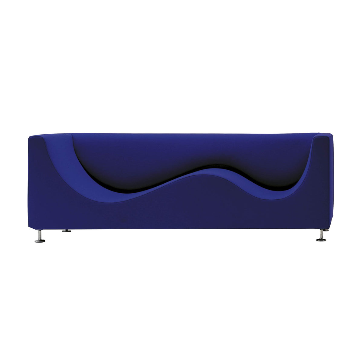 Cappellini Three Sofa de Luxe by Jasper Morrison. A deep blue upholstered sofa features curved armrests and metal legs.