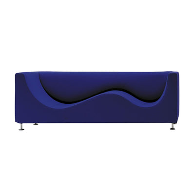 Cappellini Three Sofa de Luxe by Jasper Morrison. A deep blue upholstered sofa features curved armrests and metal legs.