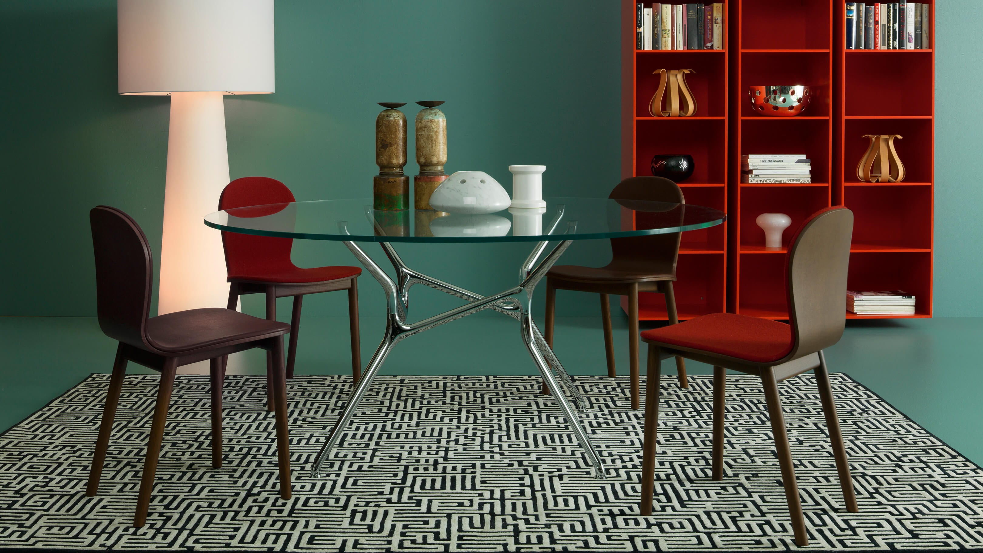 Glass / Polished Chrome / Desktop / WhiteMenu / Branch Dining Table, designed by Jakob Wagner made by Cappellini