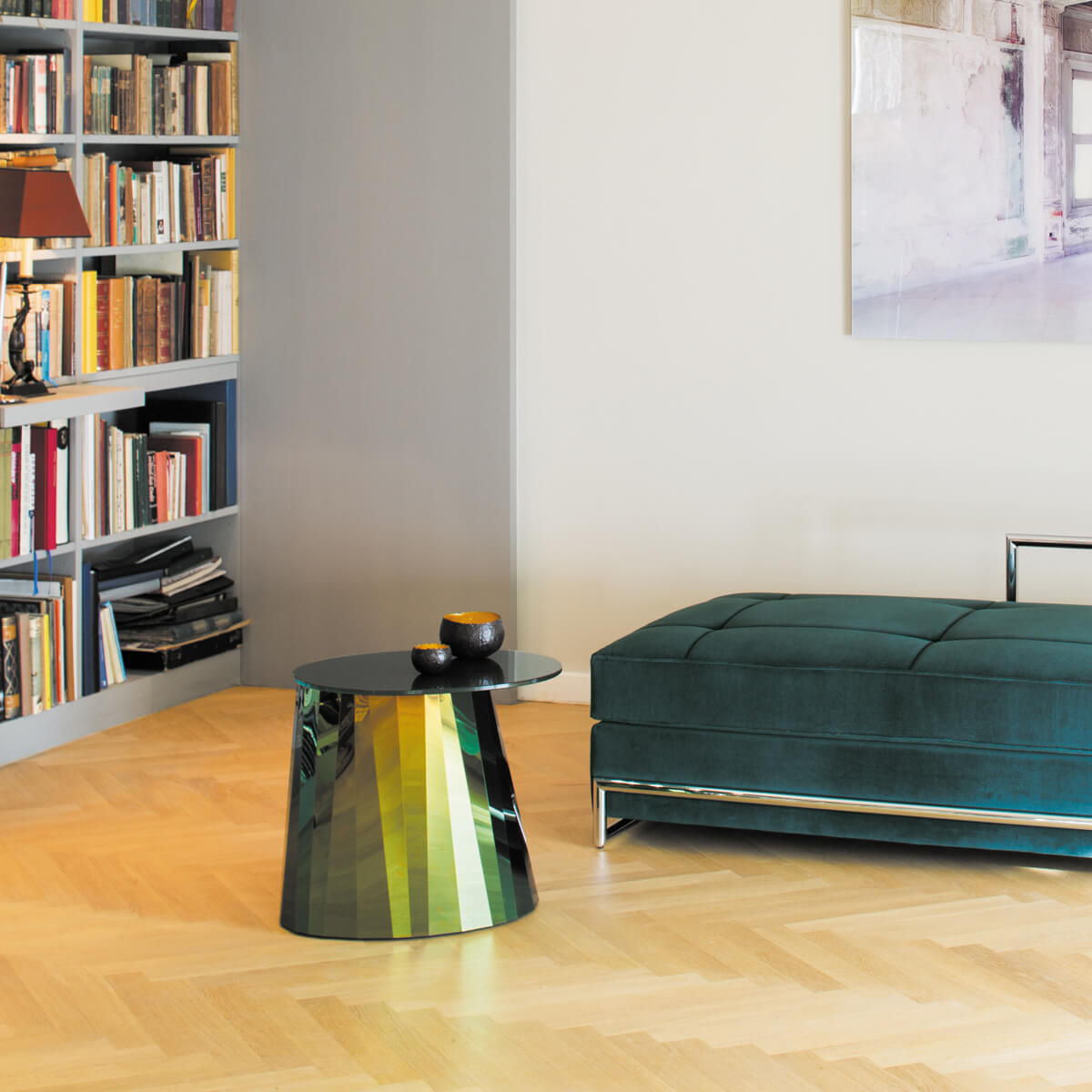Topaz Green - Glossy Top / Mobile / BlackMenu / Pli Side Table, designed by Victoria Wilmotte