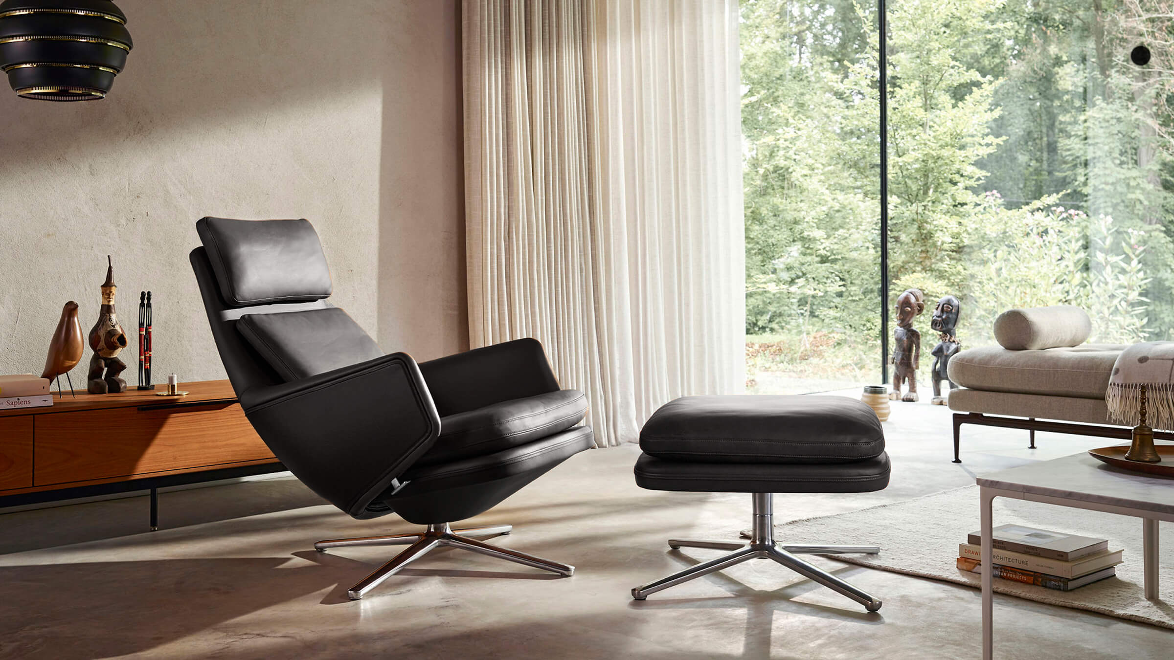 Chocolate Leather / Desktop / WhiteMenu / Grand Relax and Ottoman, designed by Antonio Citterio made by Vitra